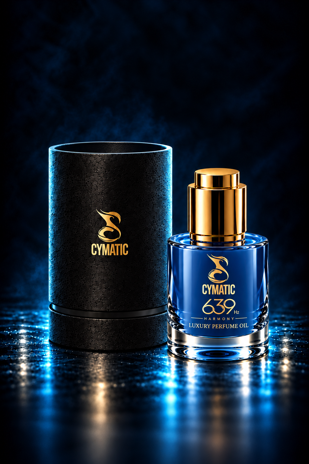Cymatic 639 Harmony blue perfume oil bottle with gold cap beside black cylindrical packaging on a dark reflective surface.