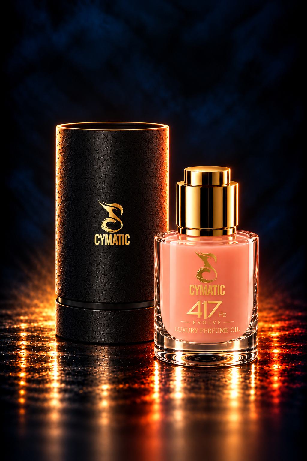 A luxurious perfume bottle with a black textured cylindrical container and a pink glass bottle with a gold cap, labeled 'CYMATIC 417 Hz EVOLVE LUXURY PERFUME OIL,' illuminated on a reflective surface with dark background.