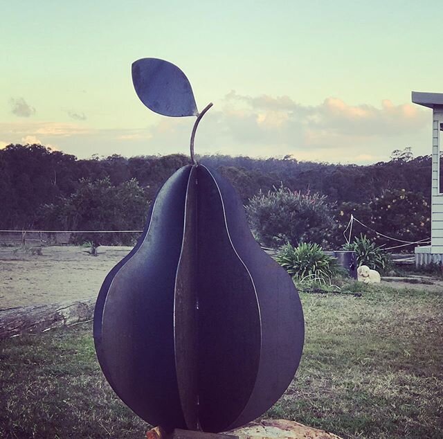 The large pear has been installed @werakatafarm #gardenart #madeinaustralia #australiansteel #maxthedog #homestyle #strideequine