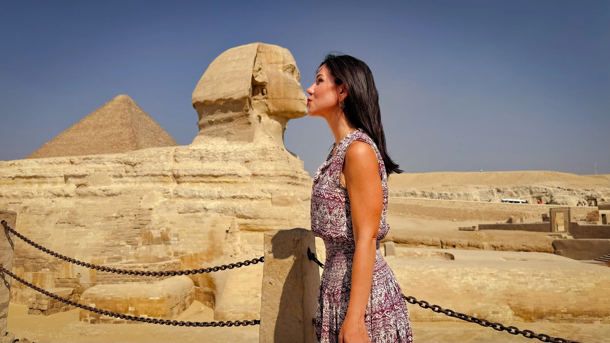 Jessica Tait stands beside the Great Sphinx of Giza in Egypt.