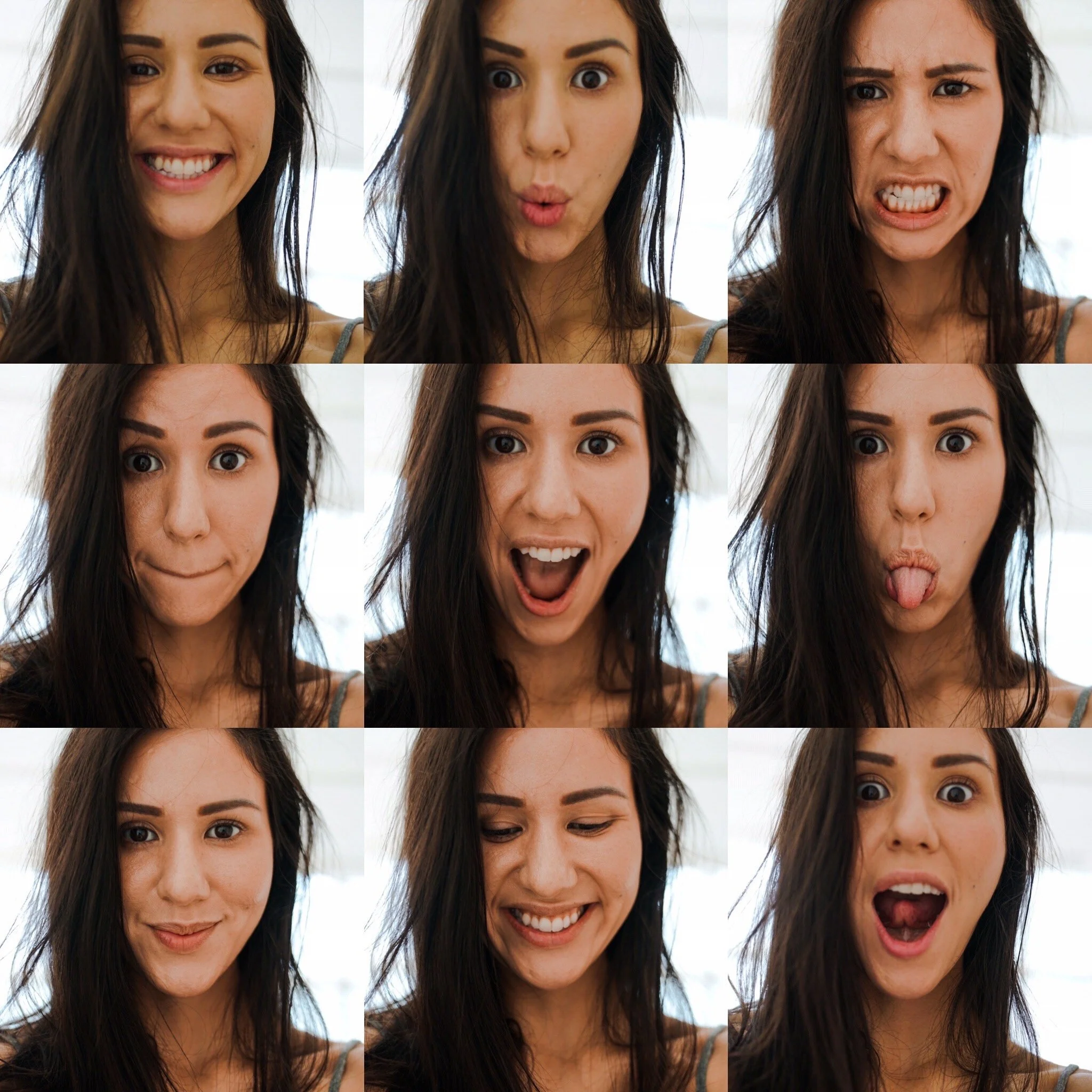 A three-by-three grid of expressive self-portraits by Jessica Tait.