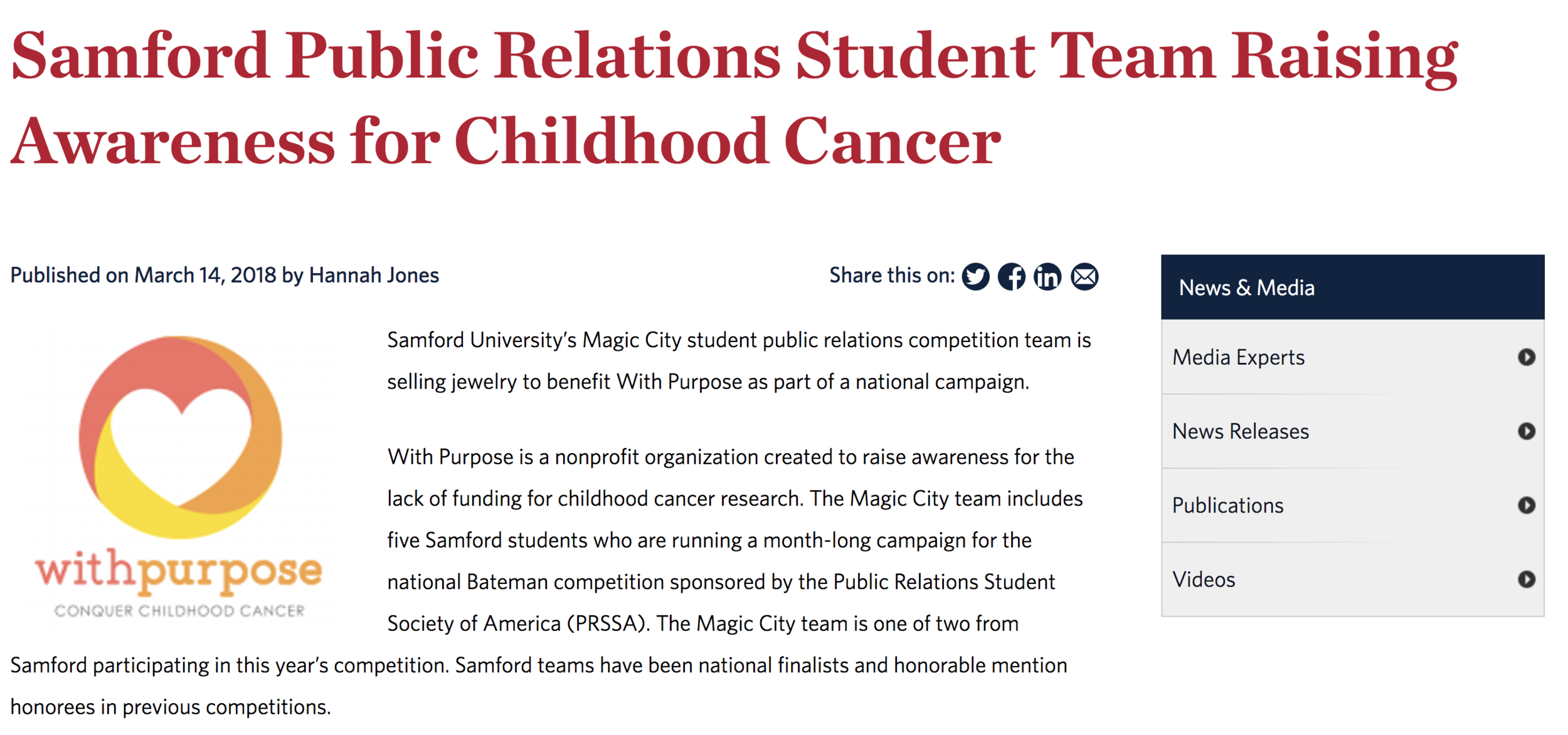 Samford Public Relations Student Team Raising Awareness for Childhood Cancer