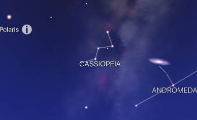 Once you've found Polaris, look out for the "bent W" on it's side, to the lower left of it. That will be Cassiopeia. If you follow a line from Polaris to the centre of the bent W, it should roughly line up with the Andromeda galaxy. Note that you won't be able to see Andromeda with the naked eye, unless you have a dark sky.