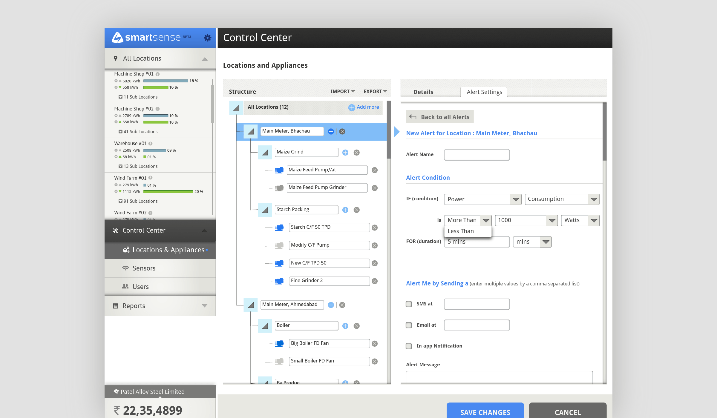  Enabling users to create their own alerts using relevant parameters for each energy consuming appliance in their infrastructure. 