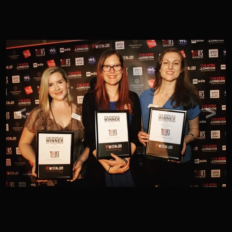 Genevieve, Anja and Scarlett accepting awards for their work at the Rosemary Branch Theatre at the Off West End Awards in 2017