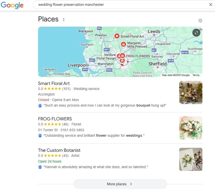 screenshot of local google map pack and copy bee creative client smart floral ranking top of search