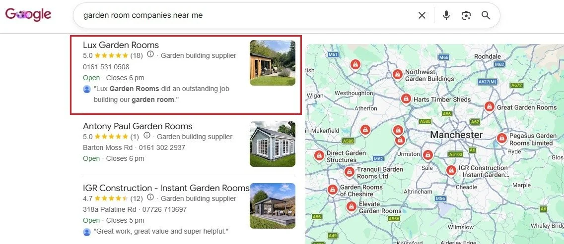 gbp garden room companies near me screenshot of copy bee creative client Lux garden rooms