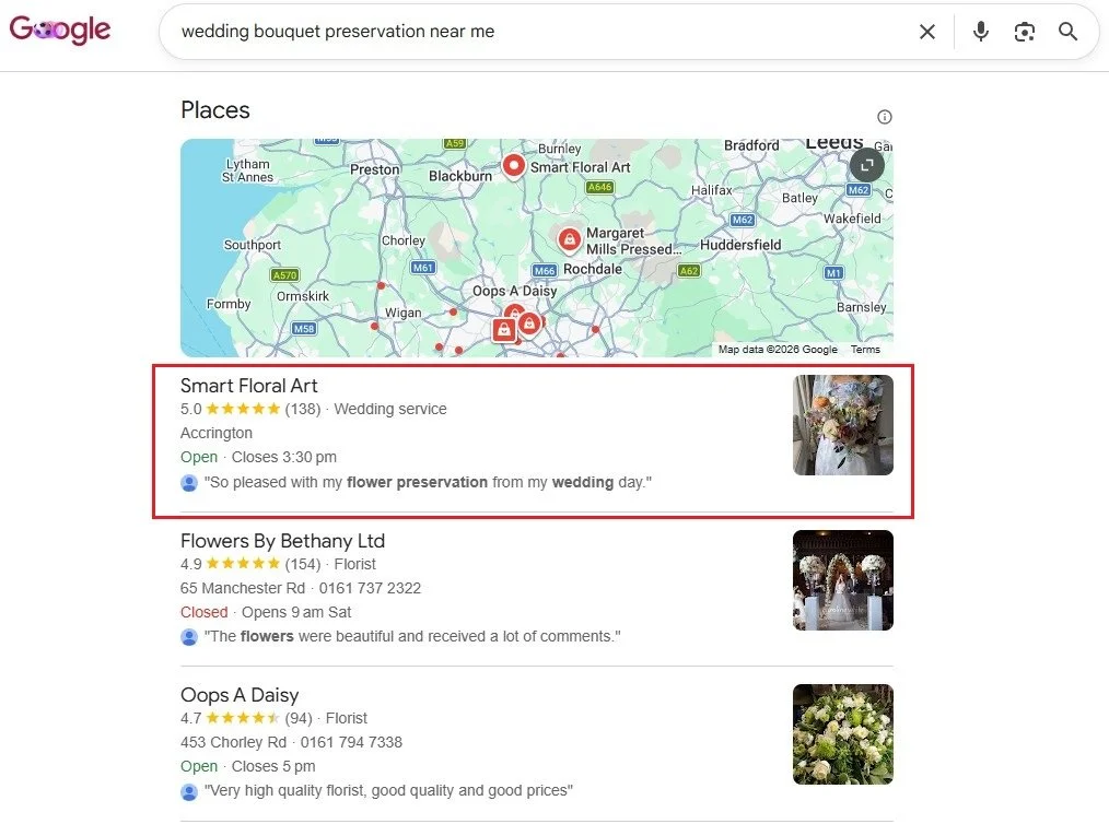 gbp wedding bouquet pres near me screenshot of copy bee creative client smart floral art