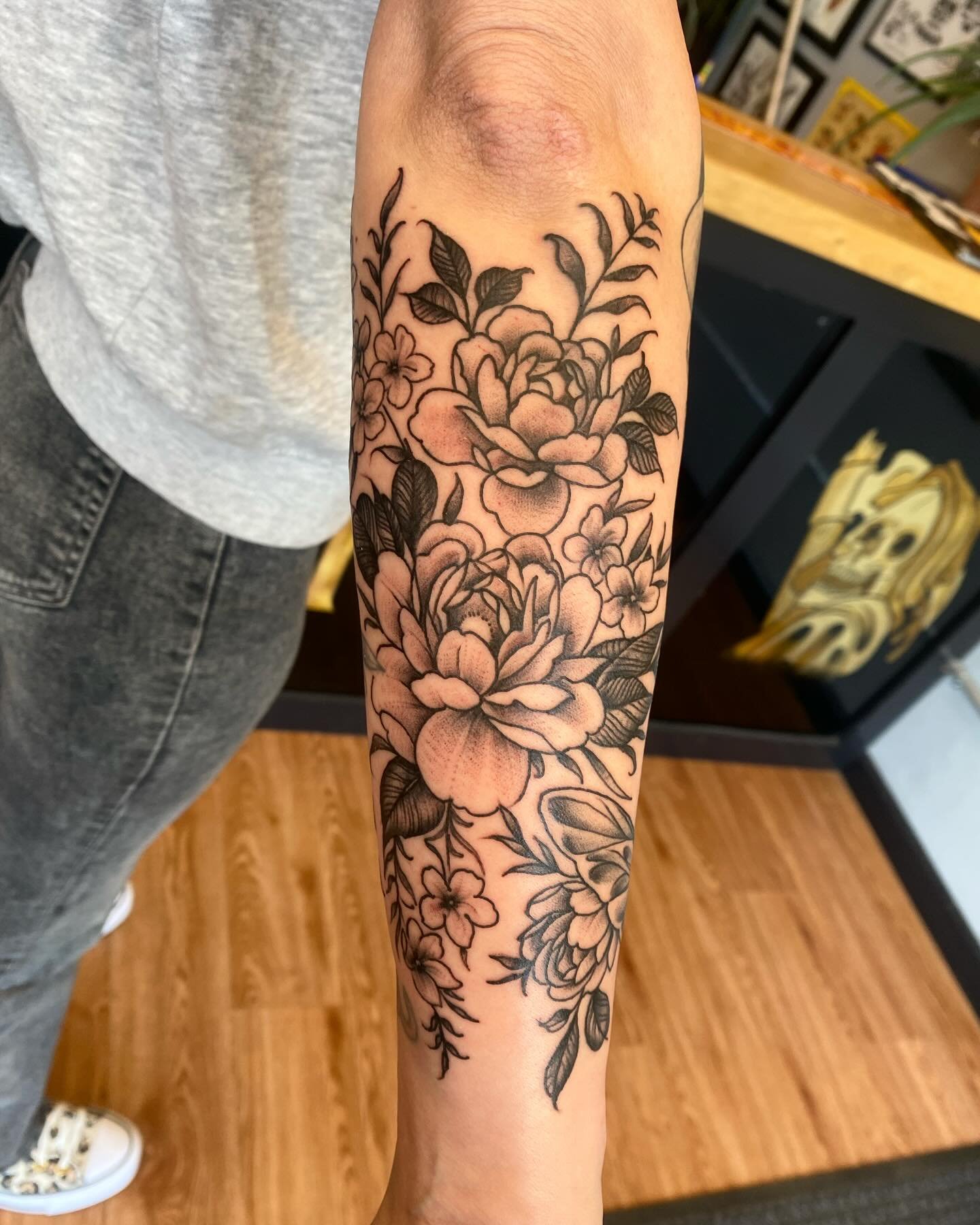 Flowers and beetle tattooed by @paulboschtattoo @twosonstattoo We book appointments and take walk-ins daily! We are a street shop, which means out booking never closes and walk-ins are first come, first served. Mon-Sat 12-8