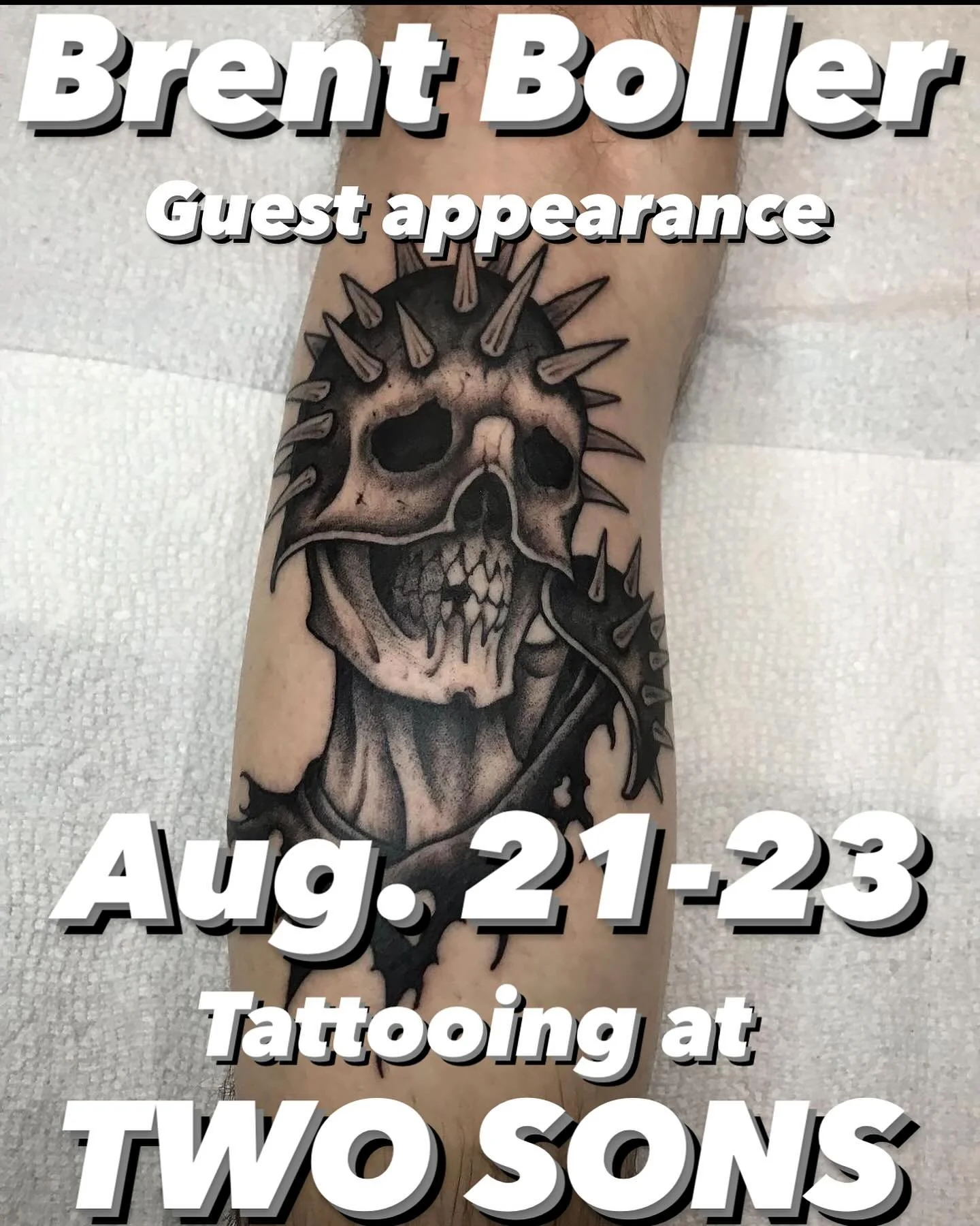 @brent_boller will be tattooing with us Aug. 21-23. Don&rsquo;t miss the opportunity to get a real tough tattoo from a real tall tattooer. He might even ask you some strange hypothetical questions while you&rsquo;re in the chair.