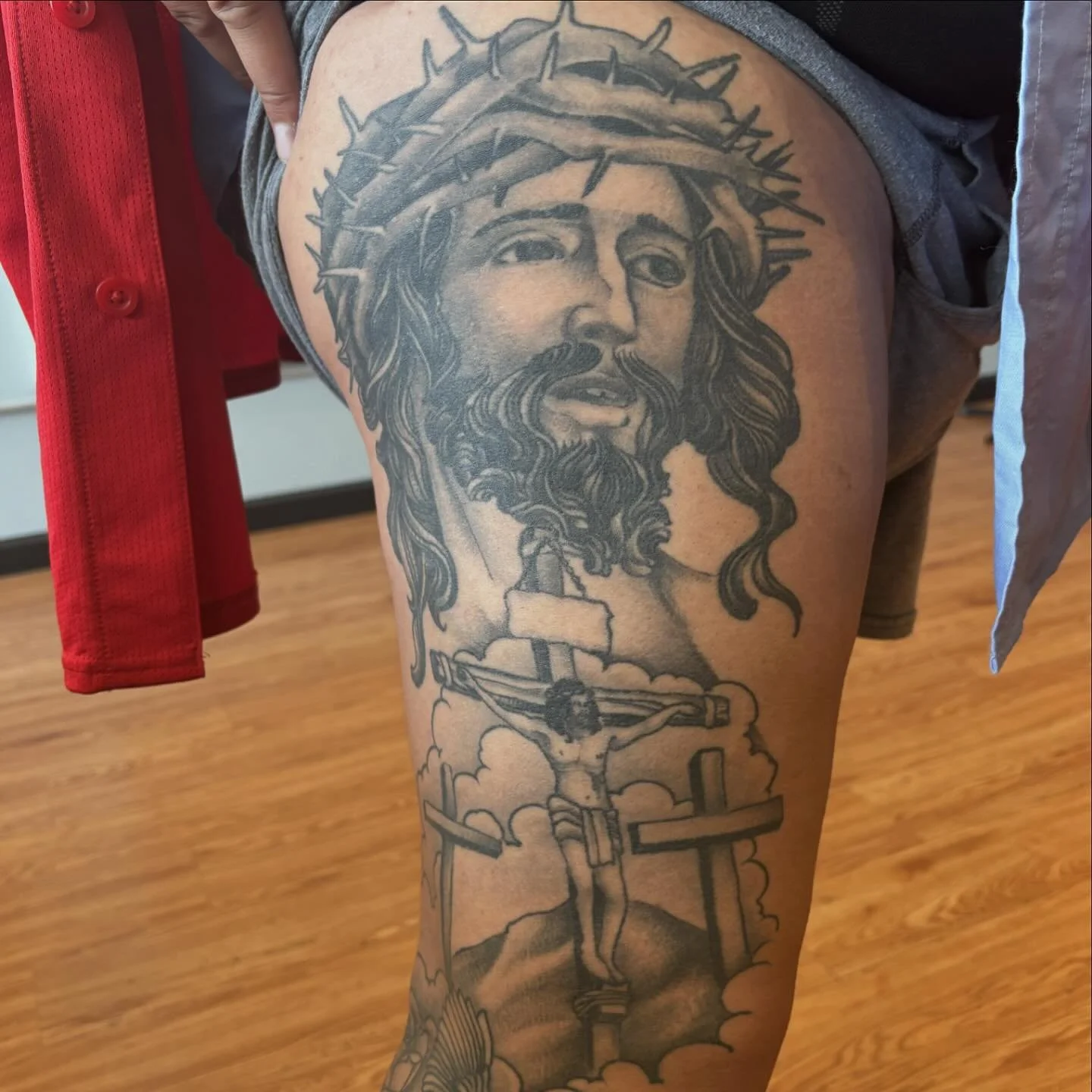 By @paulboschtattoo healed leg sleeve in progress, adding The Last Supper to the inner thigh next.
