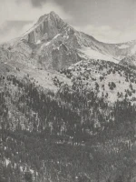 snowy mountain peak with mist