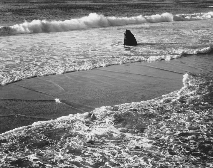 Beach with black rock jutting out of sand
