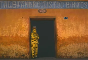 Orange wall with centered door with person in tiger print costume