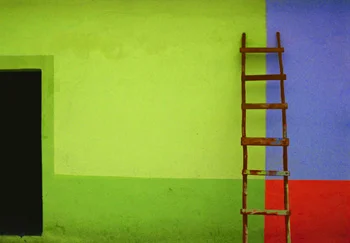 black door ladder color block mural of green purple red