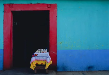 red frame entry blue wall table