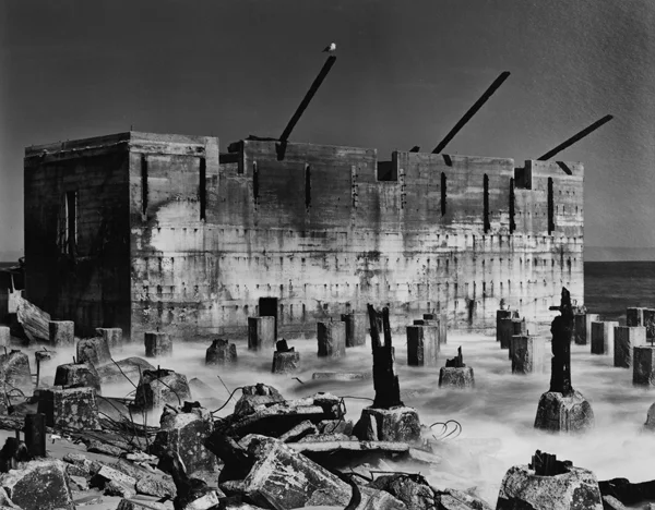 Seagull sitting atop abandonded battlements of ruined sea fort