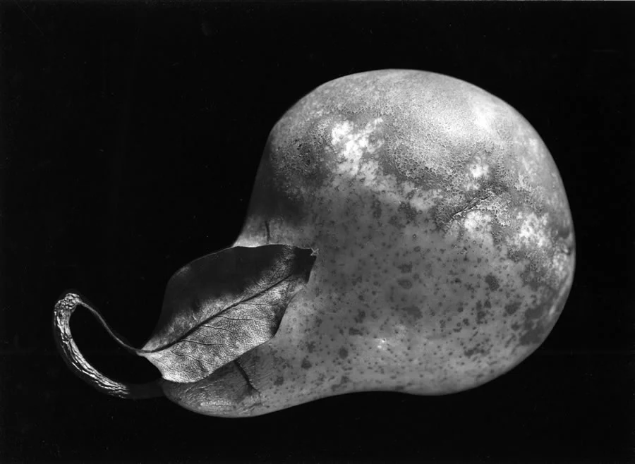 Pear on black background, up close.