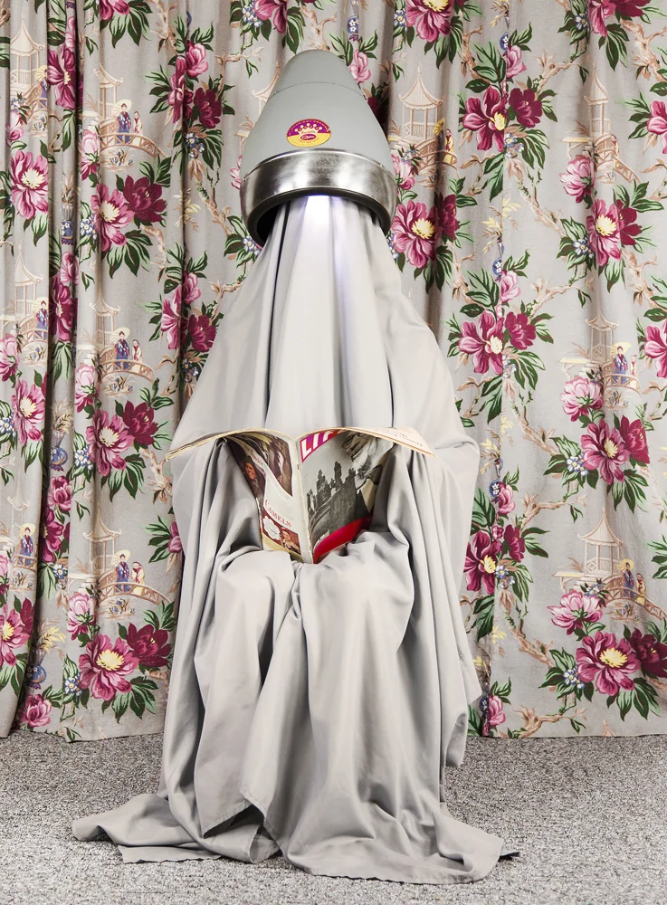 model ghost draped fabric reading life hair dryer floral curtain backdrop