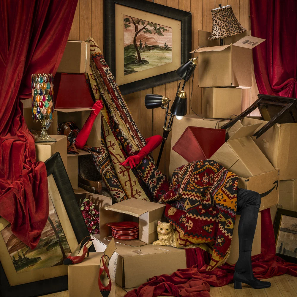 busy patterned staging opera gloved model buried beneath cardboard boxes rugs framed art