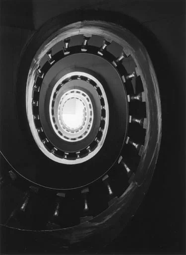 looking up spiral staircase to skylight