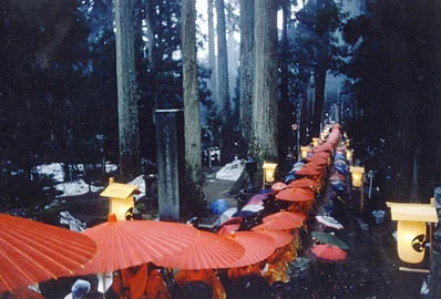 line of red umbrellas