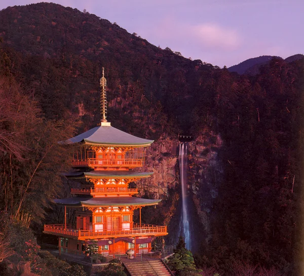 japanese temple mountain waterfall