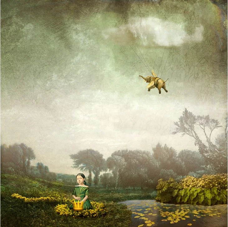 surreal girl by pond elephant hanging by cloud