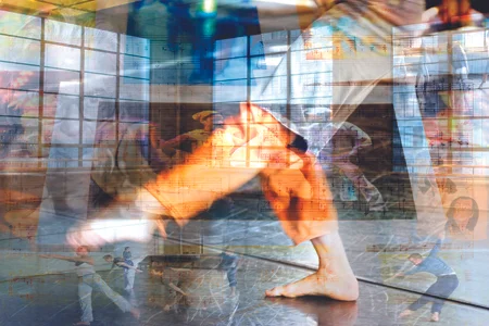 double exposure dancing feet windows