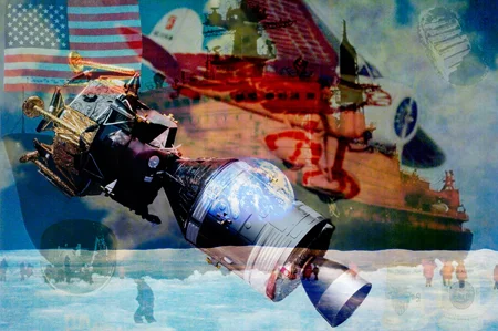 double exposure ship plane spaceship america