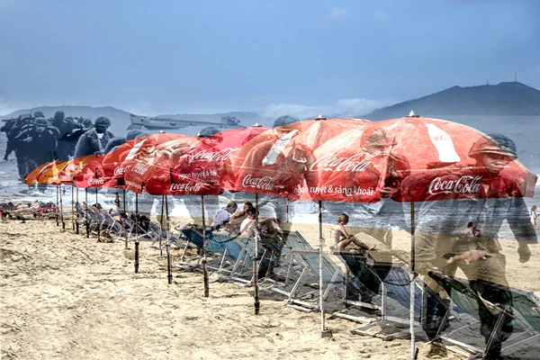 historic soldiers overlay modern beach scene