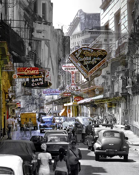 modern colored signs over historic street