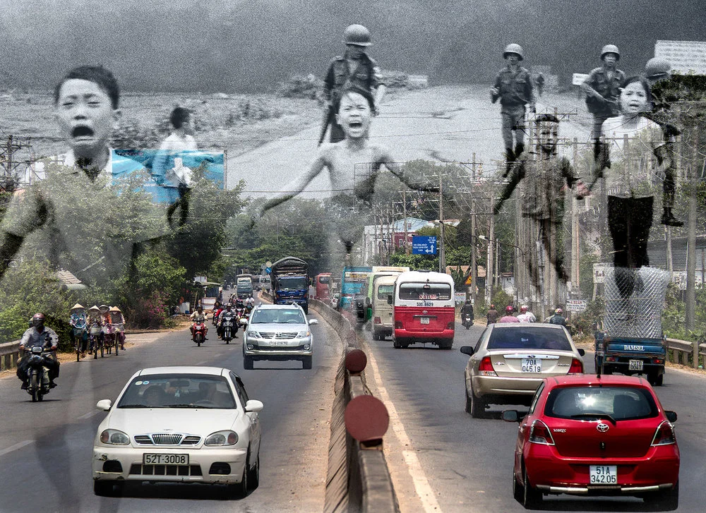 war traumatized children overlaid modern street