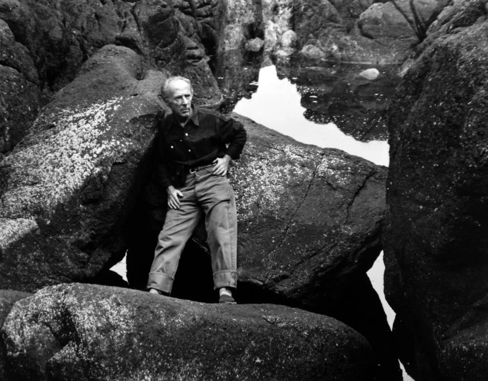 man standing on large boulder