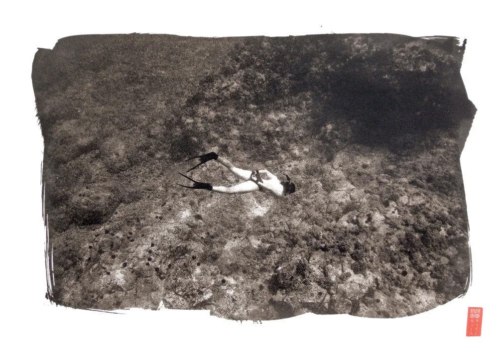 diver seen from above against reef underwater