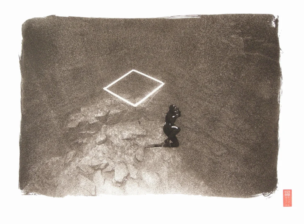 suited diver against rocks floating square light