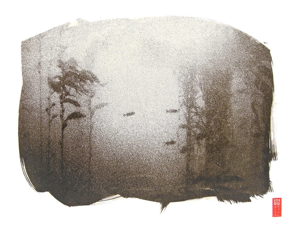 three distant fish between vertical kelp strands