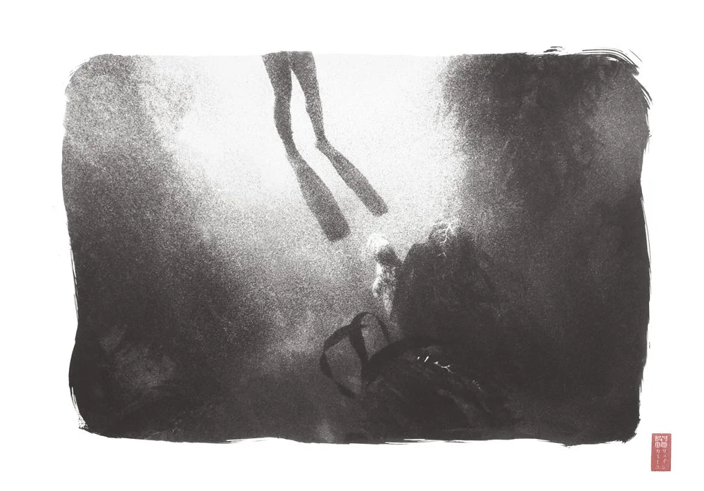 divers legs with flippers against light