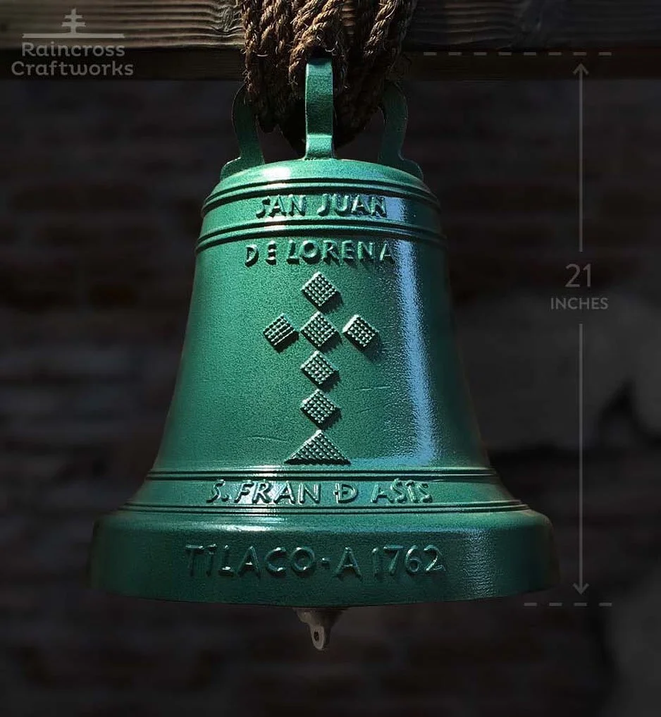 21" San Juan de Lorena mission bell replica of the one at Mission San Francisco De Asis in Tilaco, Mexico, one of Father Serra's early missions, built in 1762. Crown top hanger.
*
*
*
#missionbell #missionbells #spanishcolonial #spanishcolonials