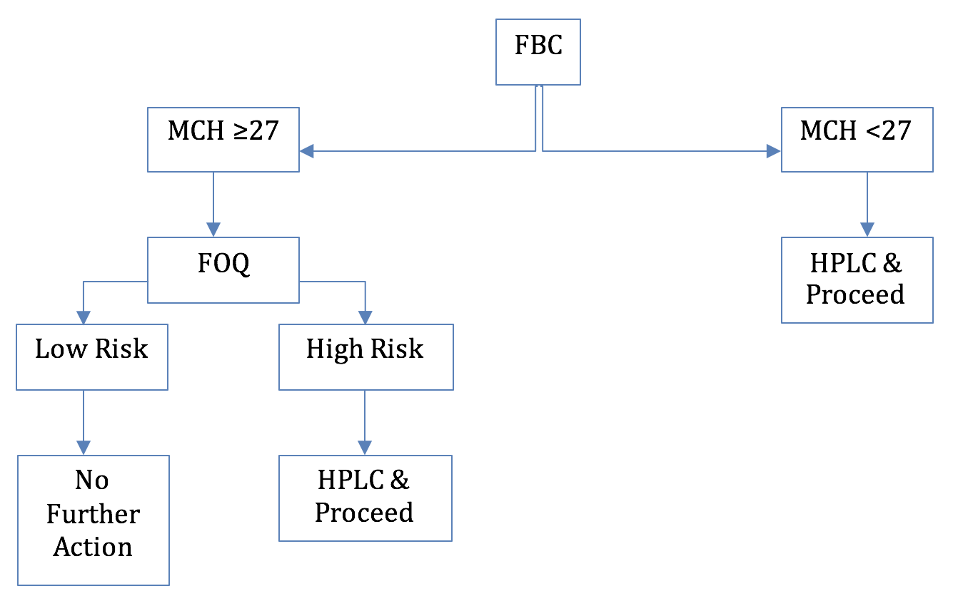 FOQ = Family Origins Questionnaire given to all pregnant women in low prevalence areas Full algorithm here
