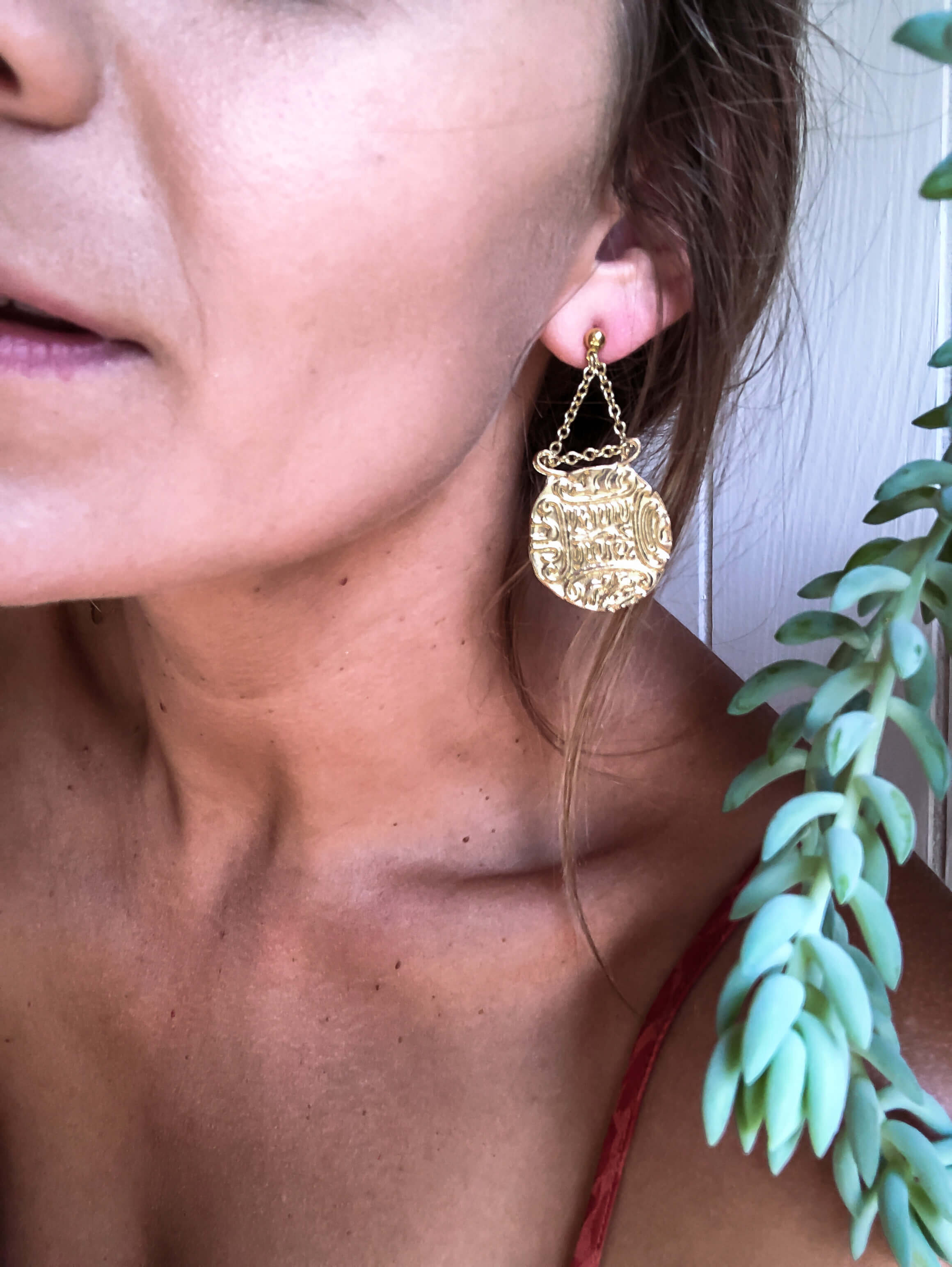 Gold Coin, Textured Drop Earrings — Indie Twenty Jewelry Crafted