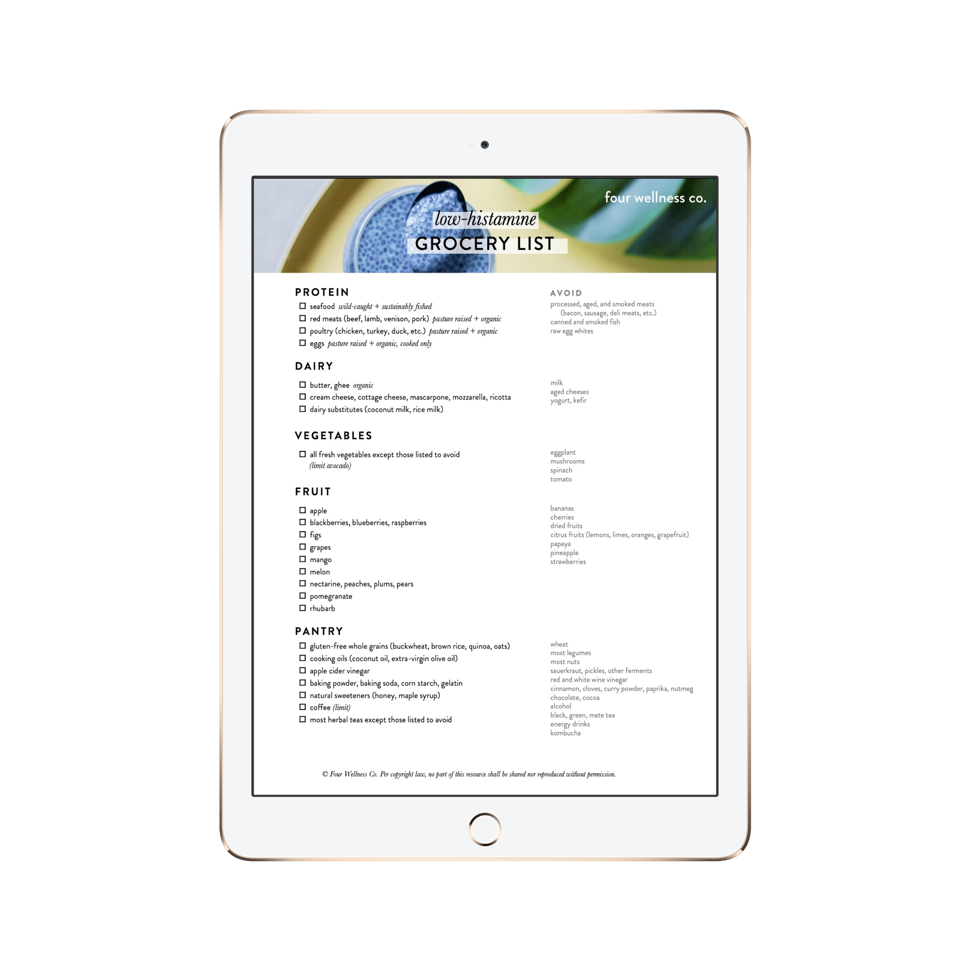 Low Histamine Grocery List // Four Wellness Co.