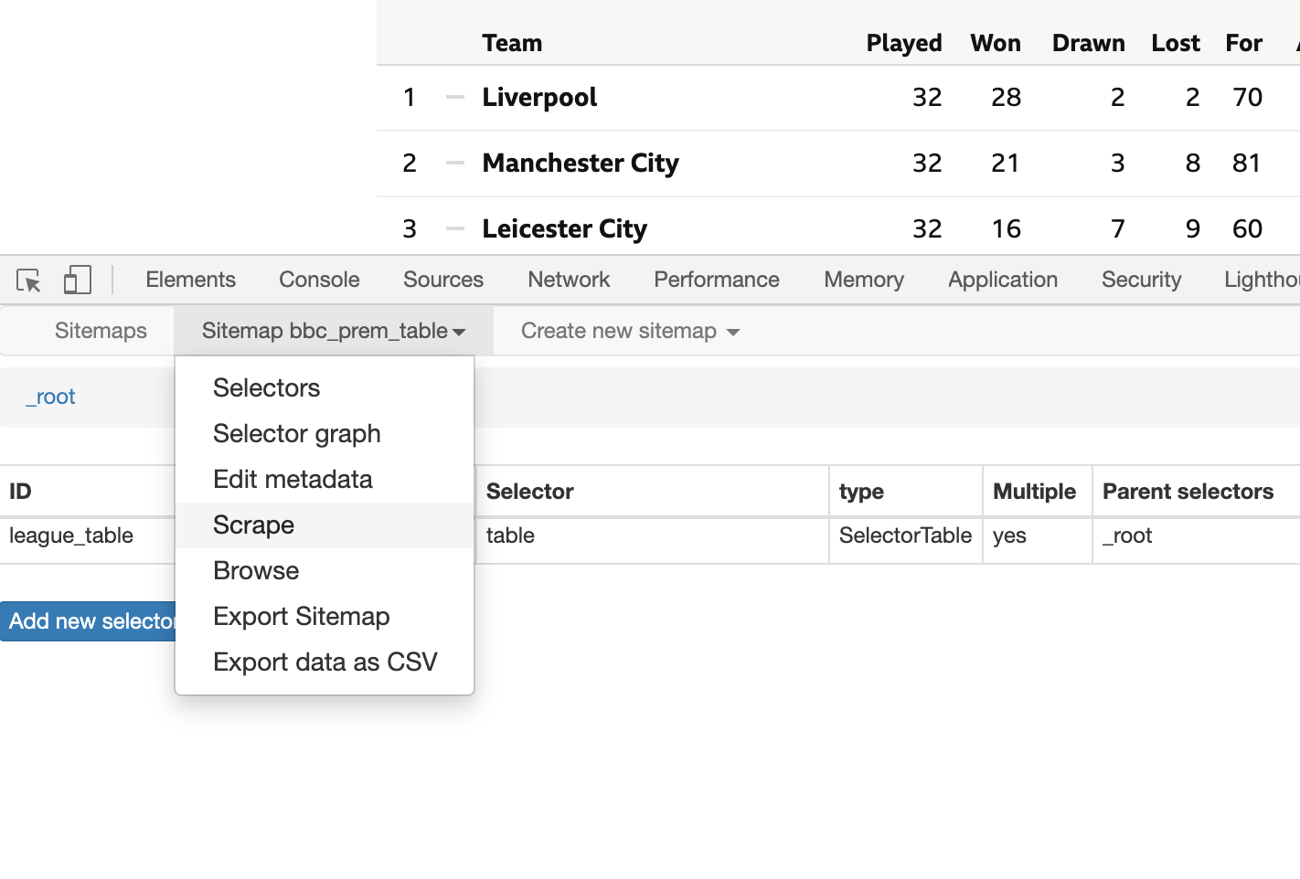 I want to import some soccer stats into excel - How to? - Web Scraper