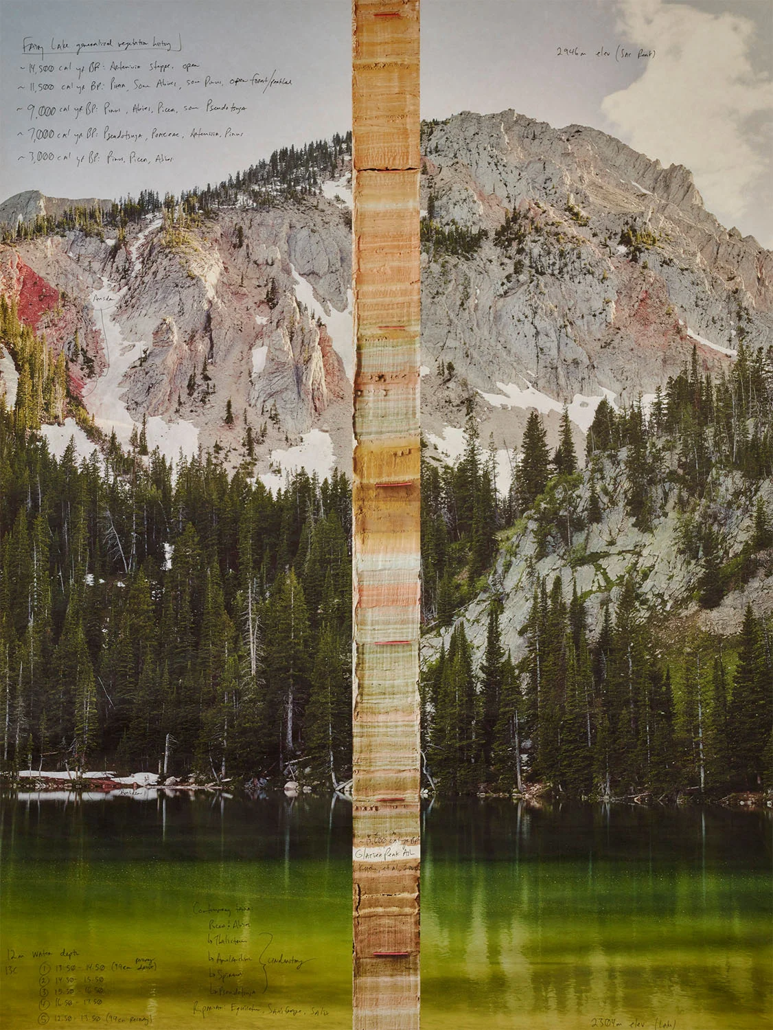 Fairy Lake Mud-Core. Unique collaboration with James Benes, Montana , 30"x40" 2016 Handwriting (in ink) on Pigment print on Niyodo Washi paper