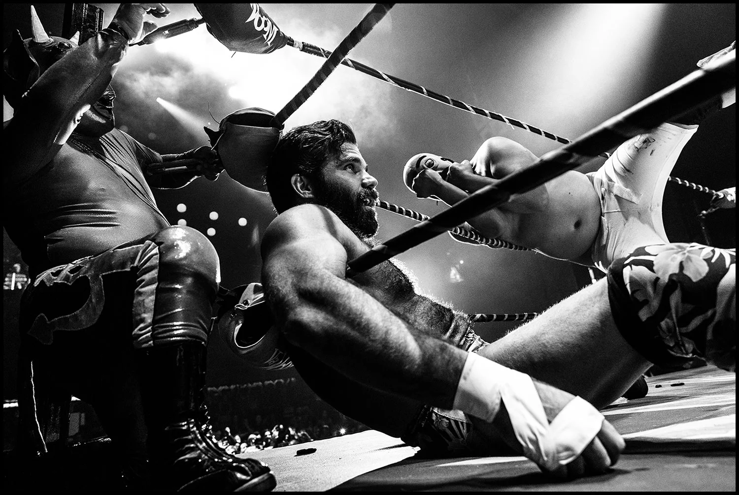 Down and Dirrrty (Los Angeles, CA) 2018 // Joey Ryan catches his breath moments after an ass-to-face smackdown from none other than Dirty Sanchez, who is seen here falling out of the ring with his dukes up. Lil Devil watches safely from outside the ropes.