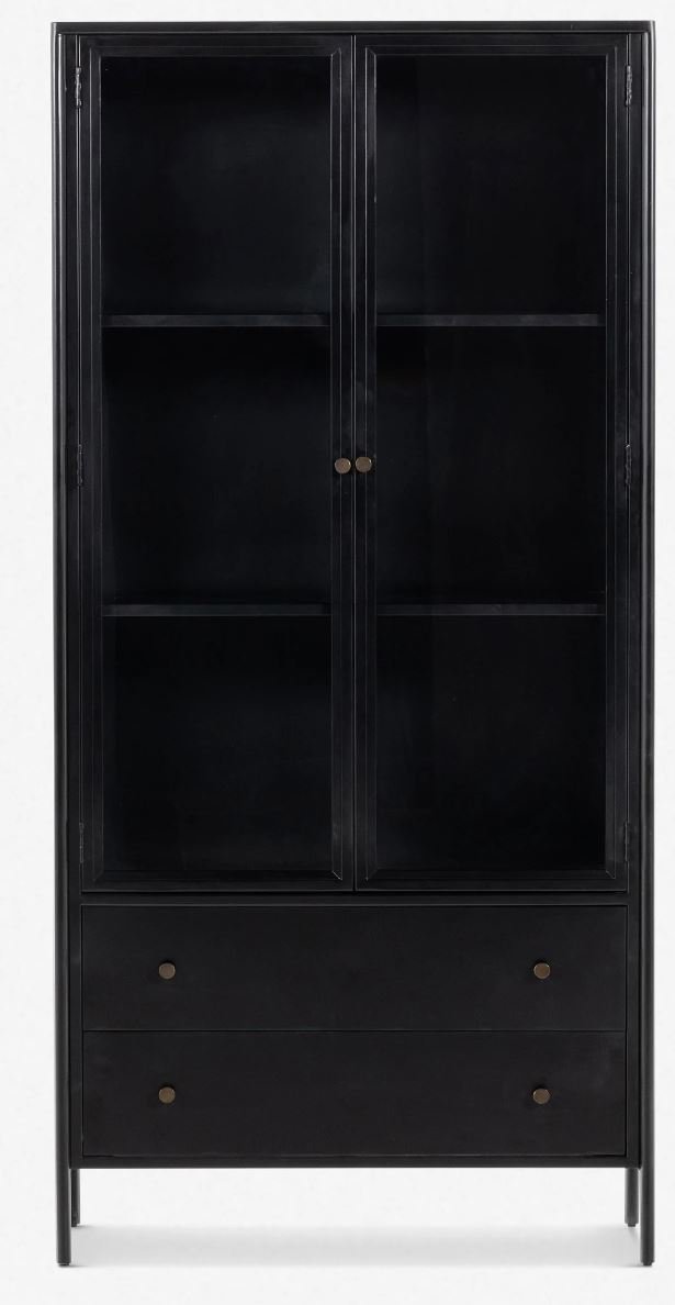 tall black cabinet with glass doors and 2 drawers.JPG