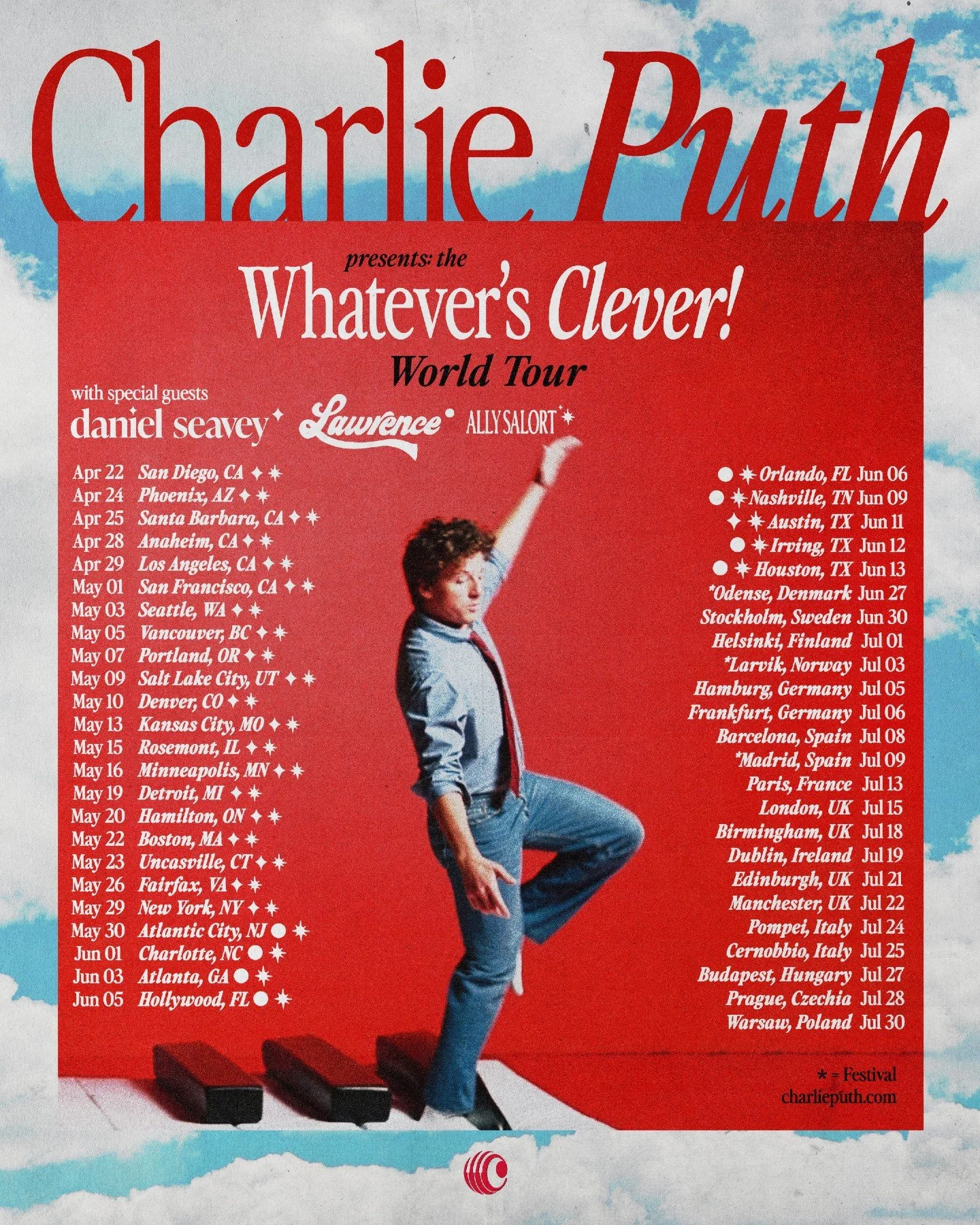 @CharliePuth announces 'Whatever's Clever!' world tour with support @lawrencetheband on select dates! See you there may 30th - June 13th!