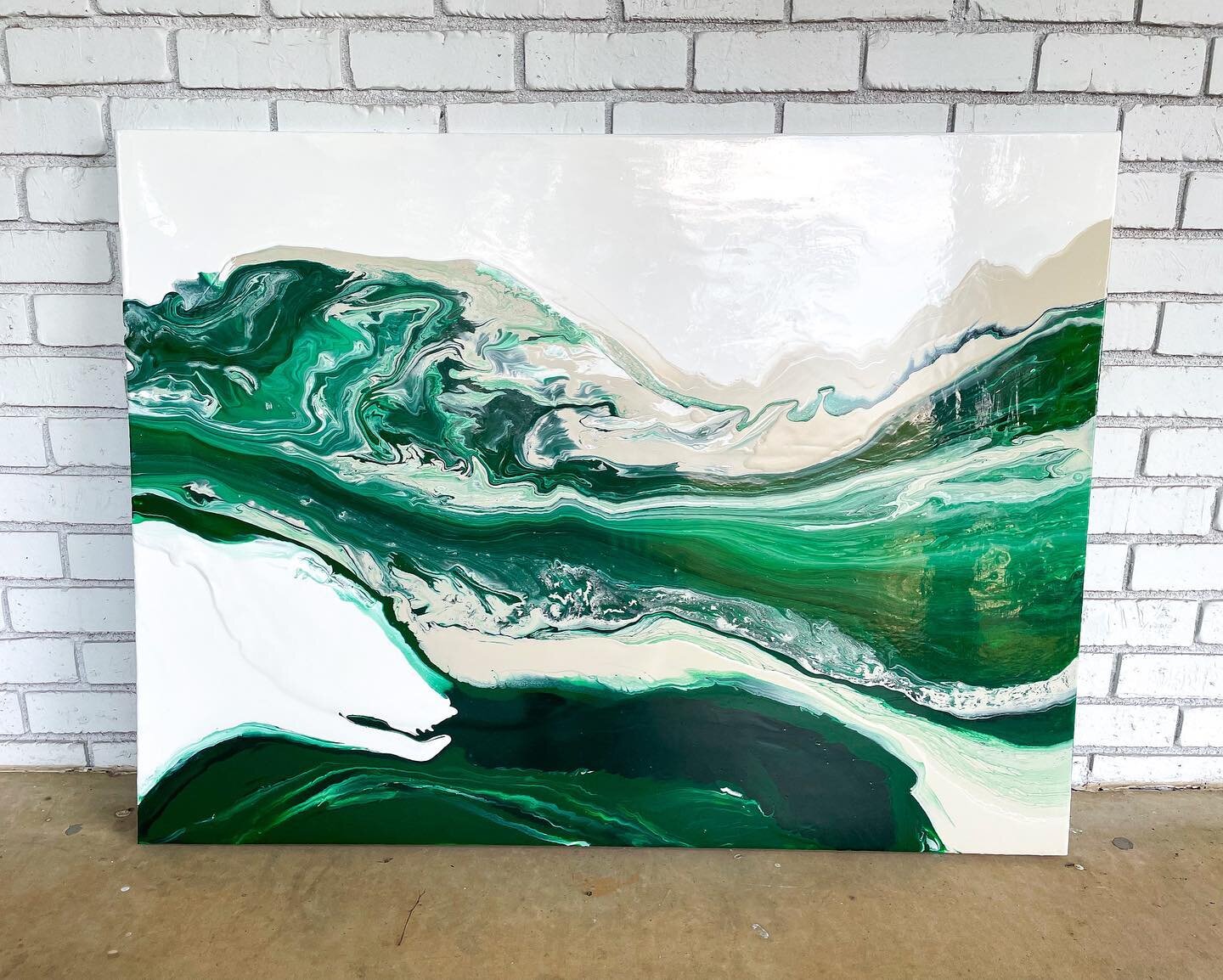 This is a 36x48 fluid piece with greens and neutrals. This was one of several custom orders I got to drop off this weekend. I love how this one turned out! I notice something different every time I take it in! 😍