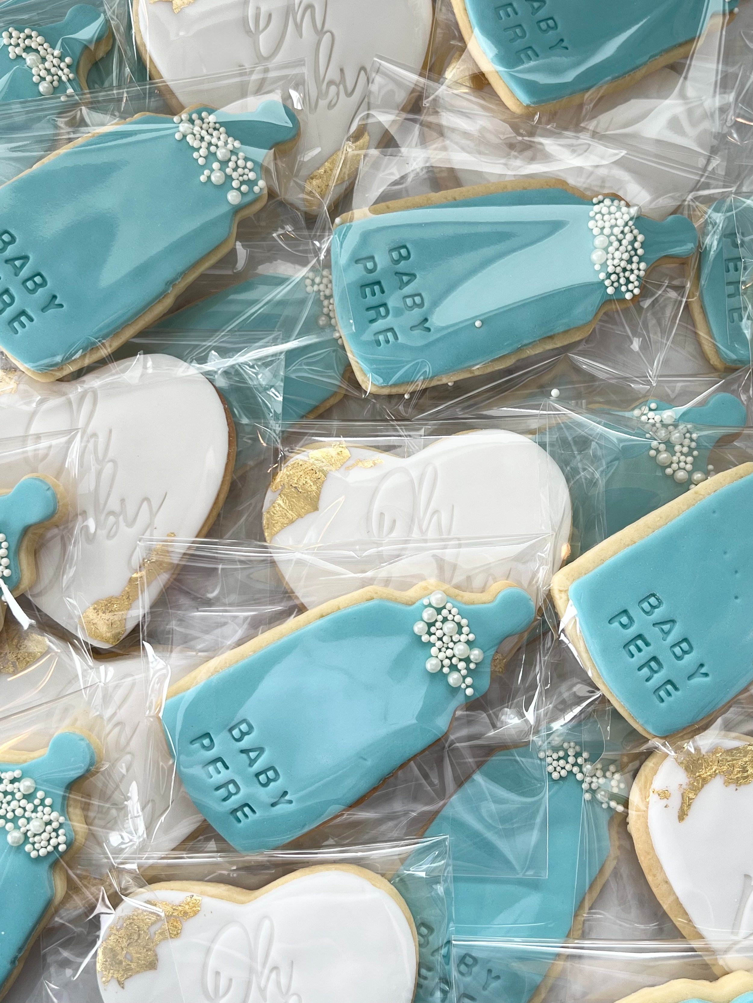 baby shower cookies heart white gold leaf turquoise baby bottle sprinkles