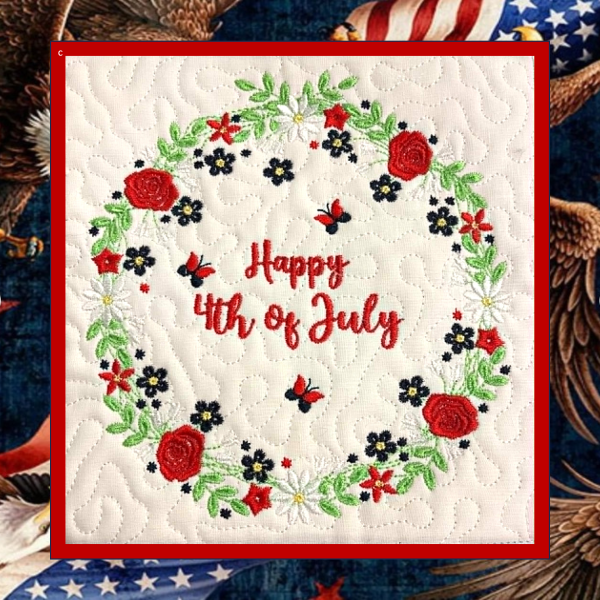 Happy July 4th – In the Hoop – 6-Inch Quilt Block – Machine Embroidery Design – Set of 2 - Patriotic Wreath – Americana